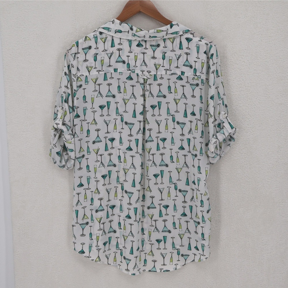 New York & Company Cocktail Print Button Top Womens Size M White Roll Tab Sleeve - Picture 6 of 12